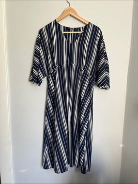 Navy and White Striped Midi Dress with V-Notch Neck